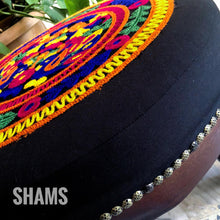 Load image into Gallery viewer, Black Stool with Colorful Circular Floral Embroidery and Metallic Pin Border
