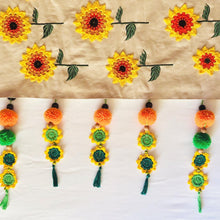 Load image into Gallery viewer, Sunflower-themed bed Runner with Handmade Crochet Flowers and Tassels
