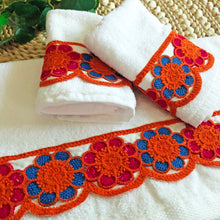 Load image into Gallery viewer, Timeless Floral Accents: Set of White Towel and Hand Towels featuring Embroidered Flowers in Red, Navy, and Orange