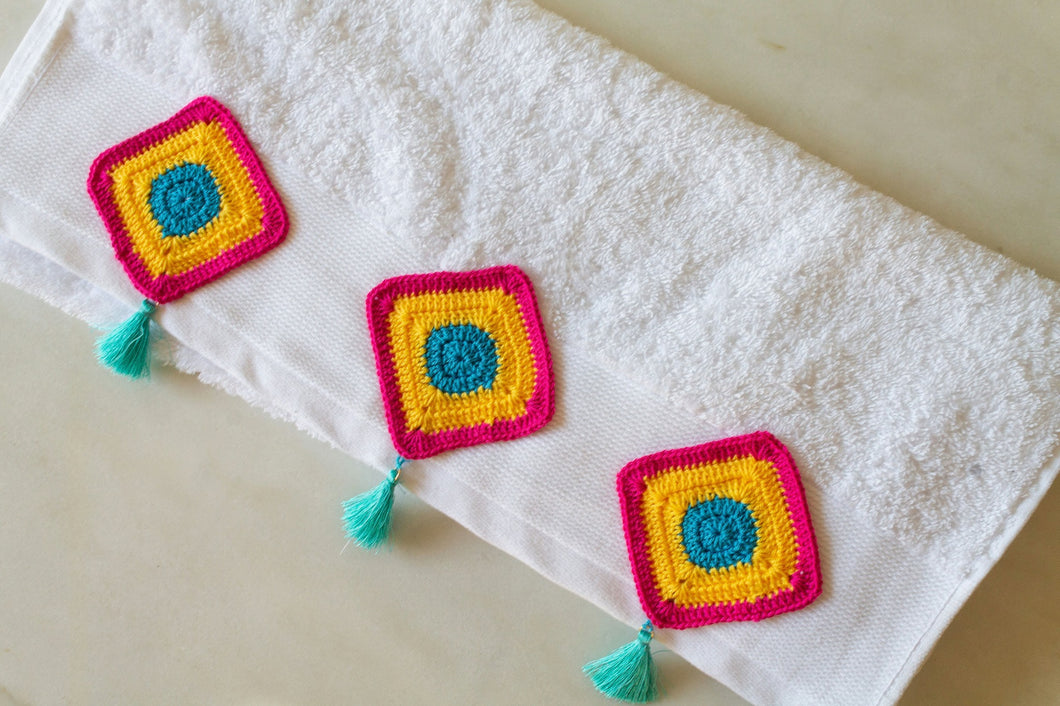 Boho Bliss: white Towel adorned with Handmade Crochet SQUARE and Stylish BABY BLUE Tassels