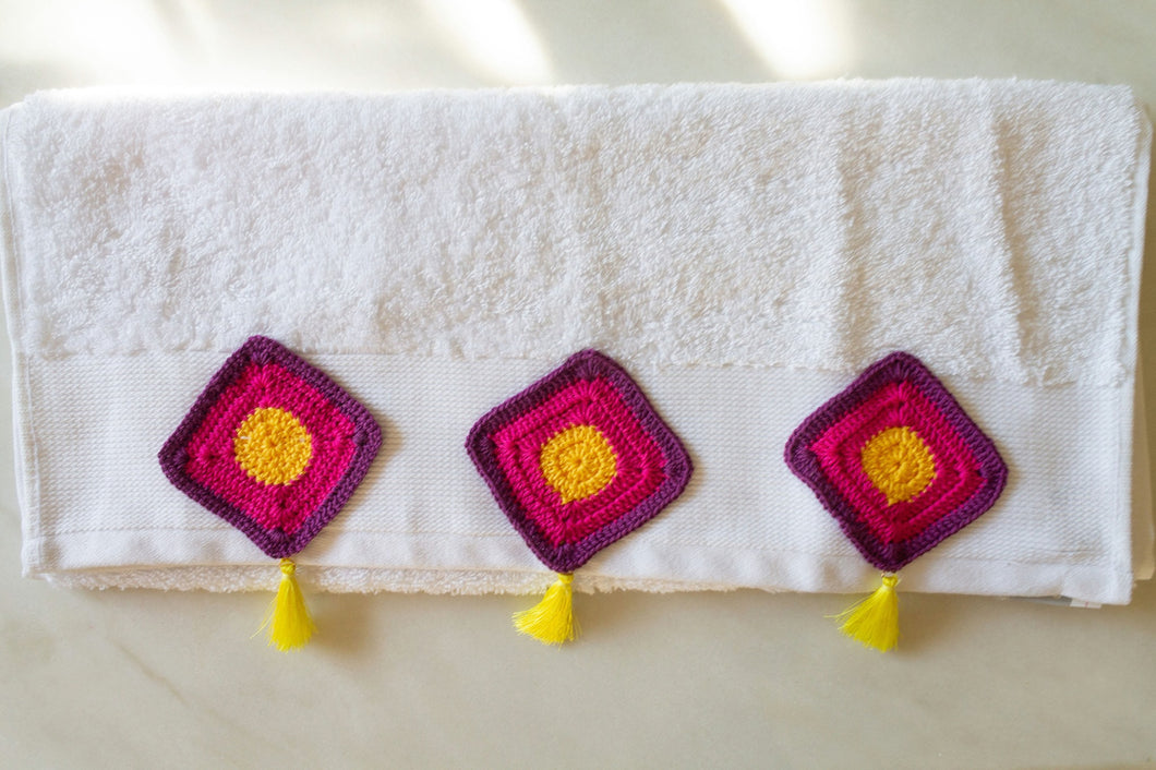 Boho Bliss: white Towel adorned with Handmade Crochet SQUARE and Stylish YELLOW Tassels