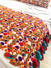 Load image into Gallery viewer, Floral Fantasy: White Bed Runner and Pillow Cover Set with Removable Pompom Tassels.

