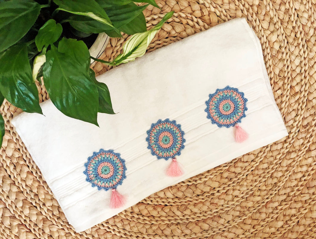Boho Bliss: white Towel adorned with Handmade Crochet Mandalas and Stylish PINK Tassels