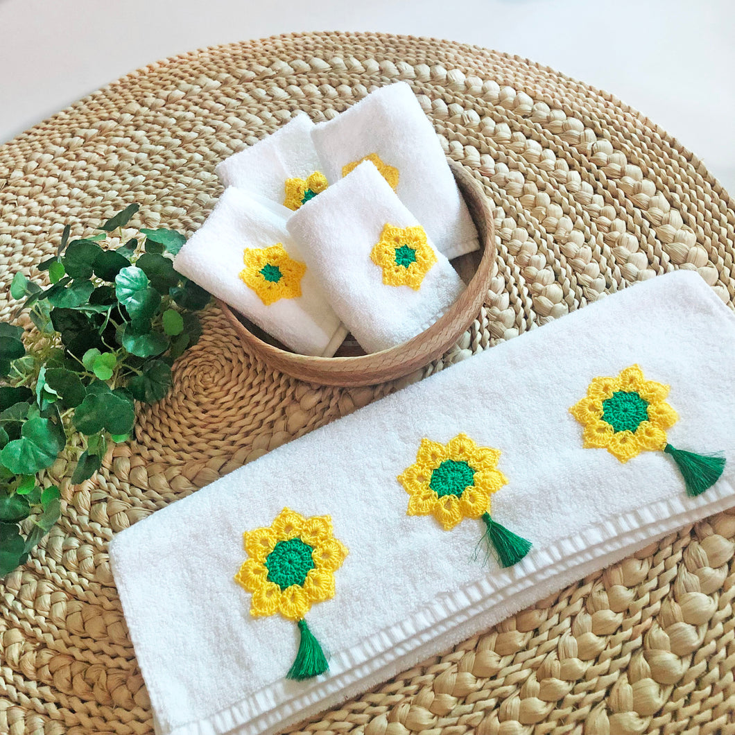 Fresh Florals: Set of White Hand Towel  Adorned with Beautiful Crochet Flowers