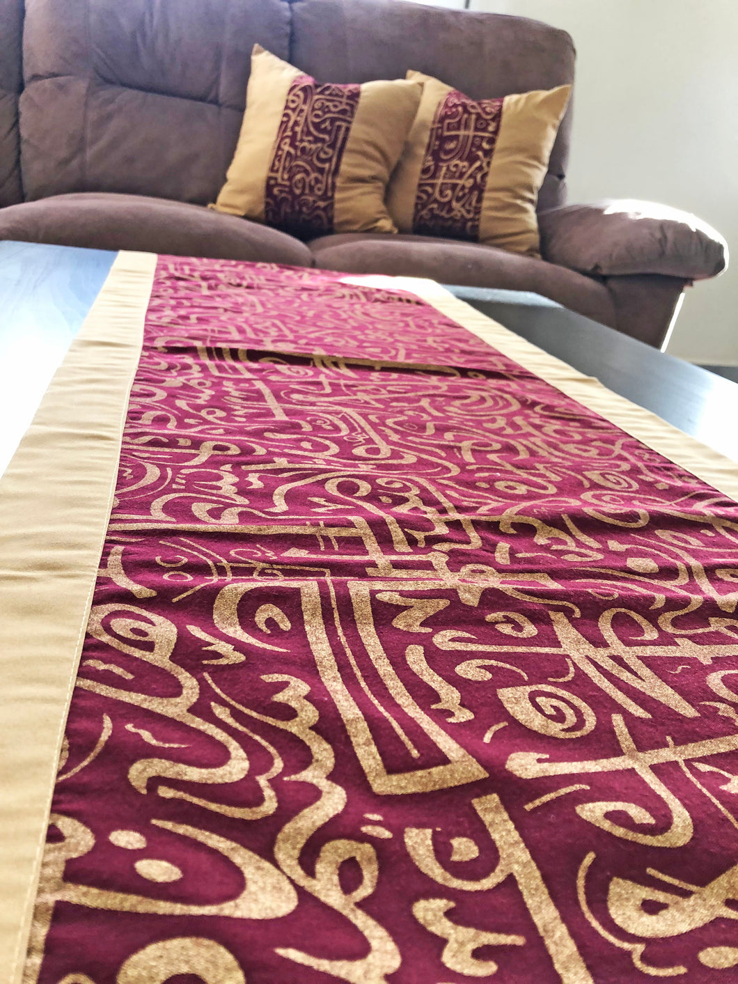 Gold and Red Table Runner with 2 Cushions Set