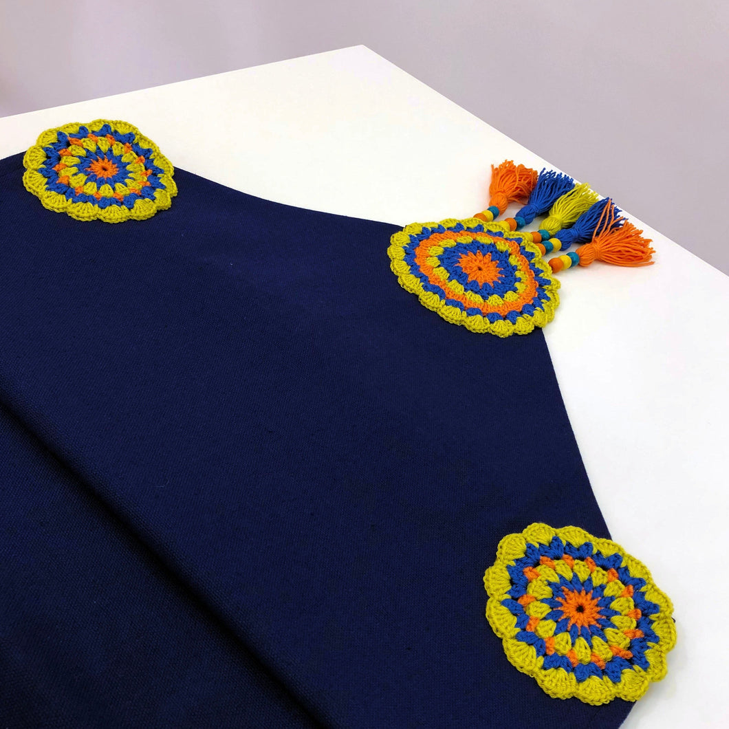 Crochet Circle Dark Blue Table Runner with Colorful Tassels