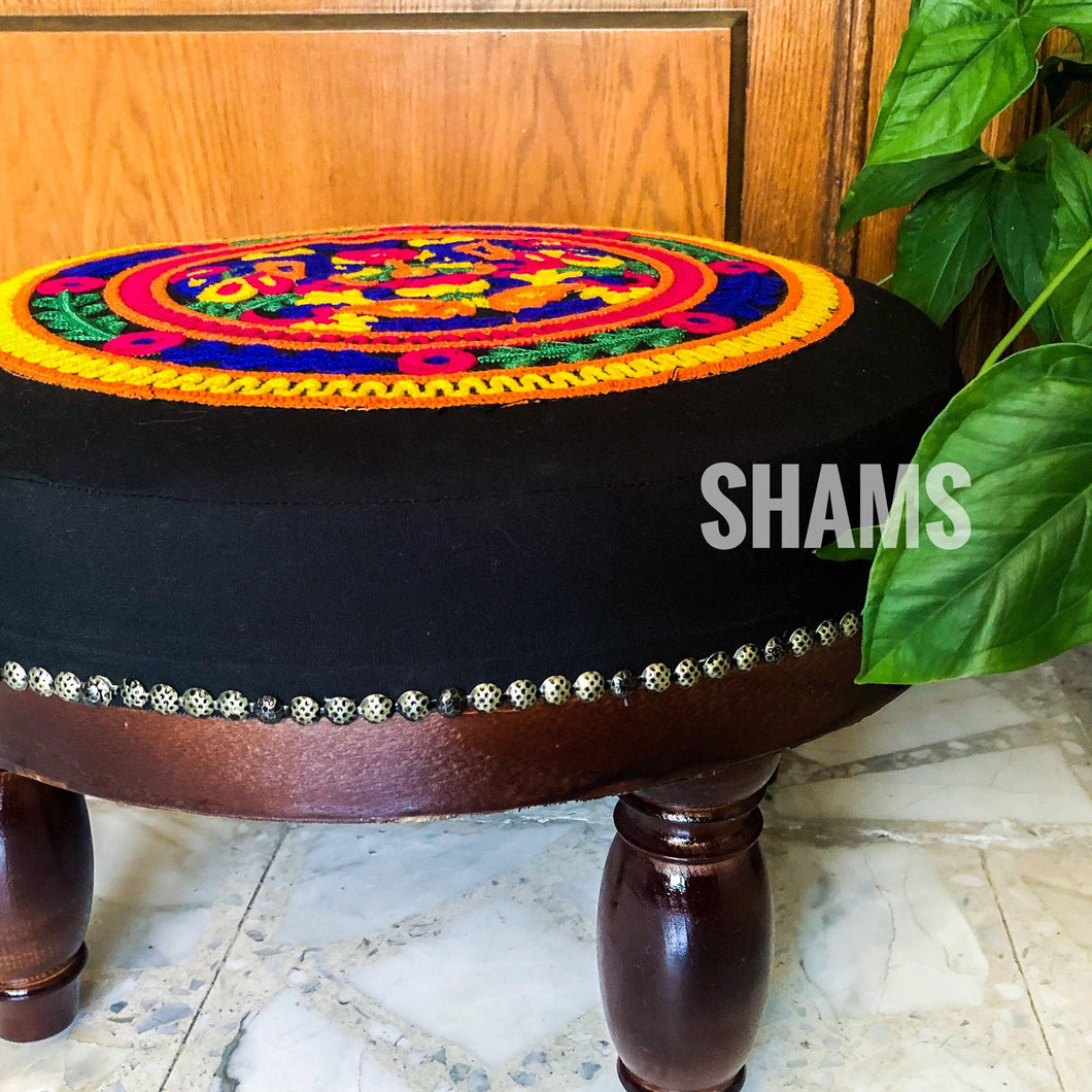 Black Stool with Colorful Circular Floral Embroidery and Metallic Pin Border