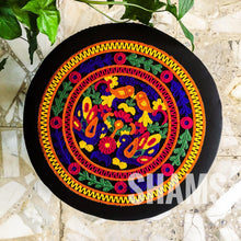 Load image into Gallery viewer, Black Stool with Colorful Circular Floral Embroidery and Metallic Pin Border
