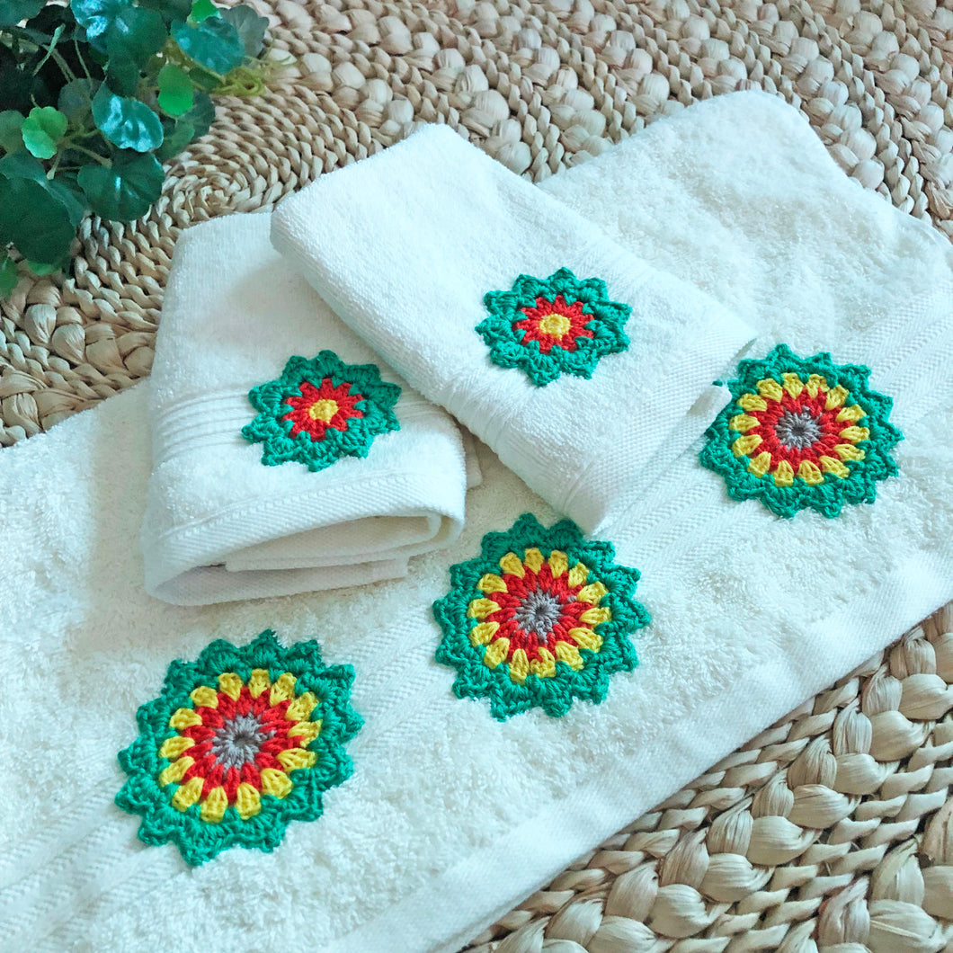 Colorful Serenity: White Towel Set featuring Hand Crochet Mandalas in Red, Green, and Yellow