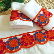 Load image into Gallery viewer, Timeless Floral Accents: Set of White Towel and Hand Towels featuring Embroidered Flowers in Red, Navy, and Orange
