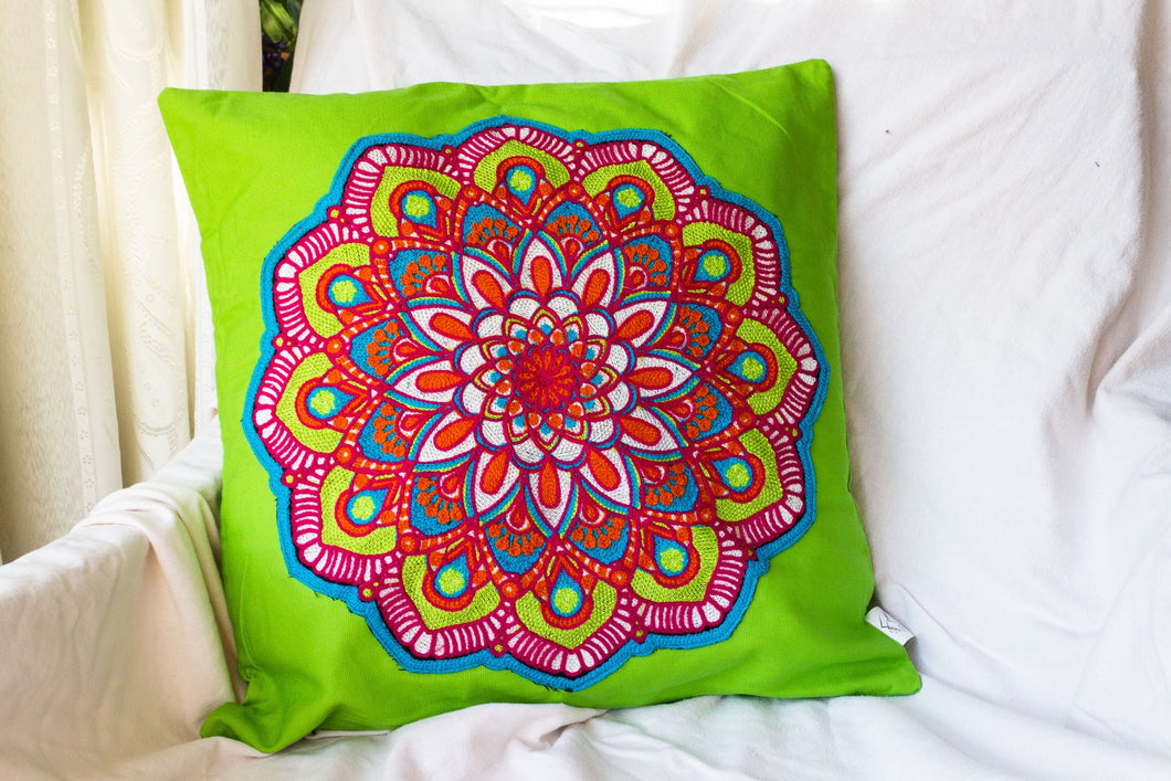 Mandala Magic: Lime Green Cushion with Intricate Mandala Embroidery
