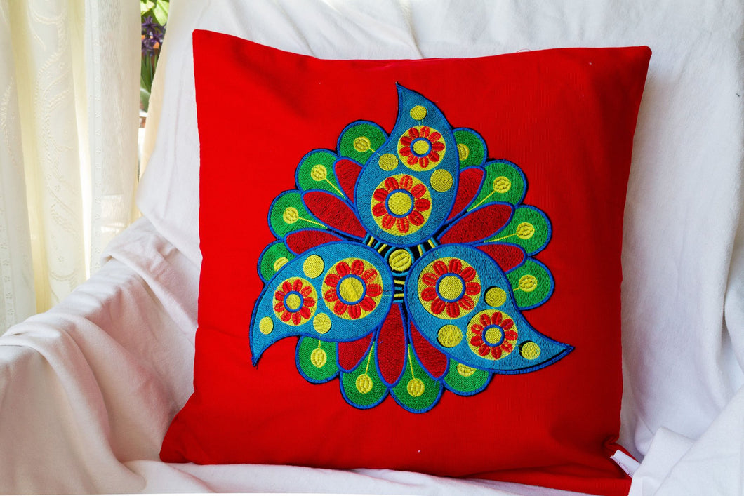 Bold Elegance: Red Cushion with Exquisite Embroidery Design