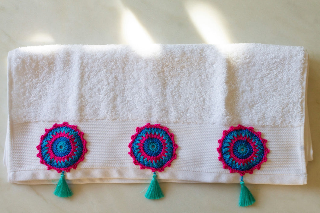 Boho Bliss: white Towel adorned with Handmade Crochet Mandalas and Stylish Blue Tassels