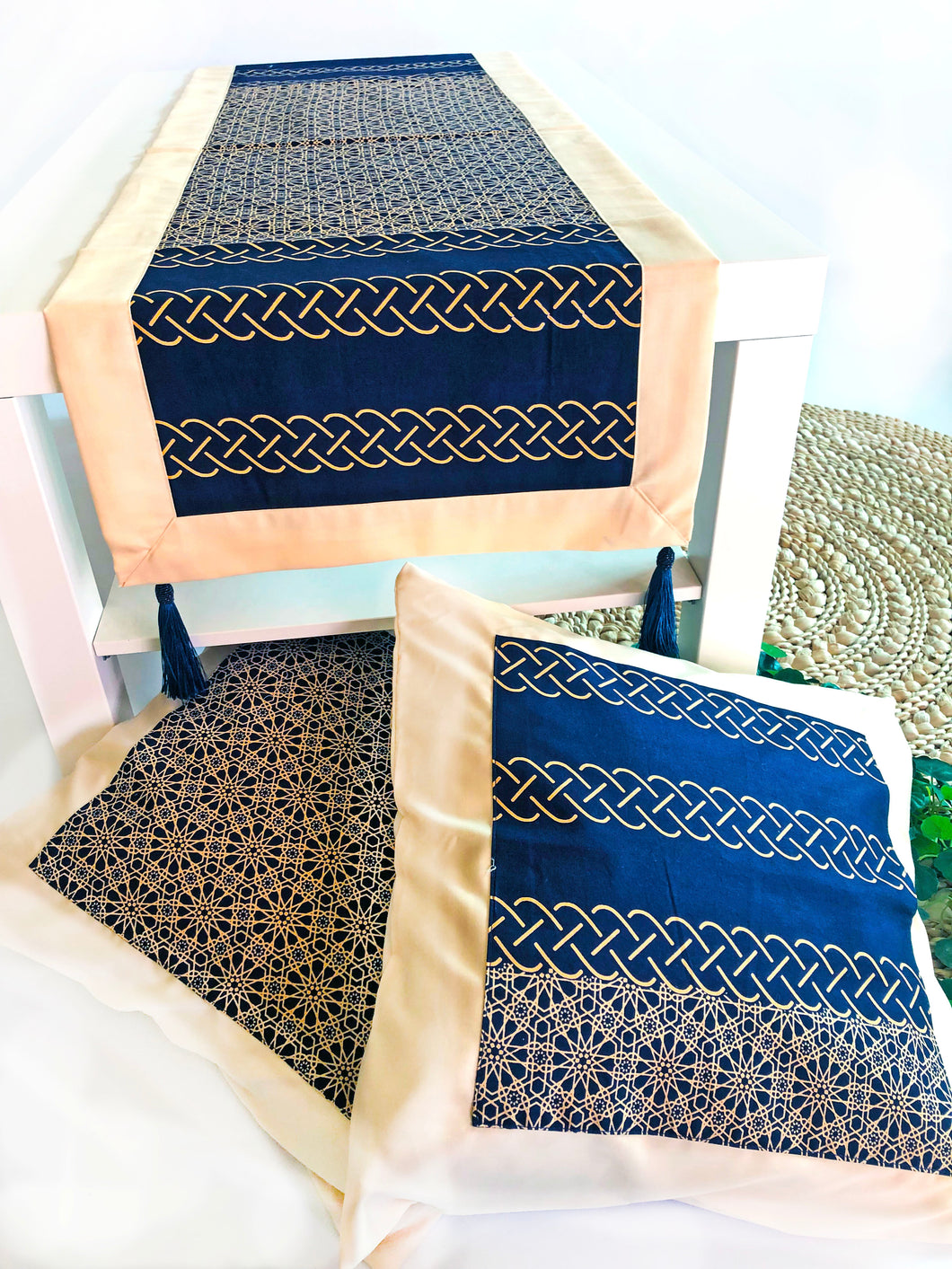 Elegant Contrast: Dark navy blue and Beige Islamic Pattern Table Runner