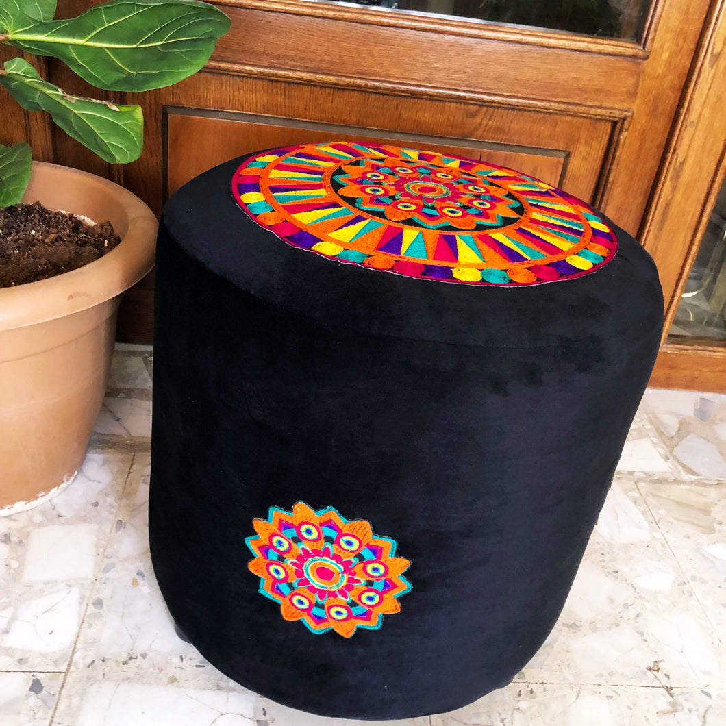 Vibrant Mandala Embroidery on Black Velvet: Stylish and Cozy Sofa Stool
