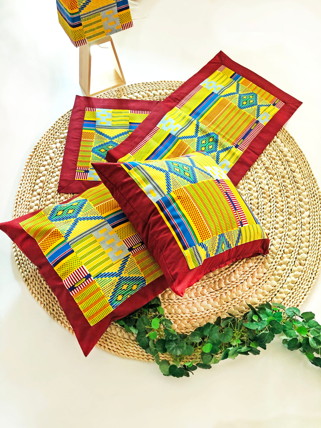 Boho Chic Delight: Vibrant Yellow Table Lamp, Cushions, and Table Runner Set