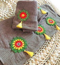 Load image into Gallery viewer, Artistic Delight: Grey Hand Towel Set with Vibrant Crochet Mandalas
