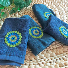 Load image into Gallery viewer, Bohemian Oasis: Set of 4 Teal Hand Towels with Hand Crochet Mandala Accents&quot;
