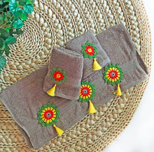 Load image into Gallery viewer, Artistic Delight: Grey Hand Towel Set with Vibrant Crochet Mandalas
