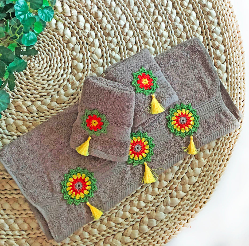 Artistic Delight: Grey Hand Towel Set with Vibrant Crochet Mandalas