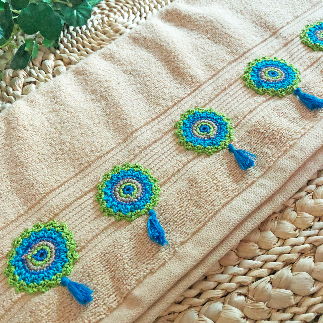 Boho Bliss: Beige Towel adorned with Handmade Crochet Mandalas and Stylish Blue Tassels