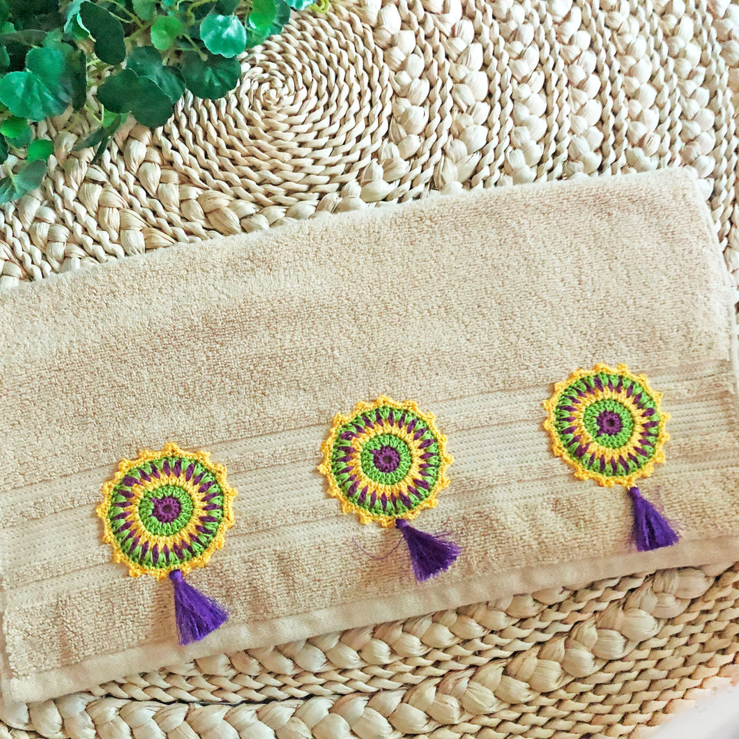 Boho Bliss: Beige Towel adorned with Handmade Crochet Mandalas and Stylish purple Tassels