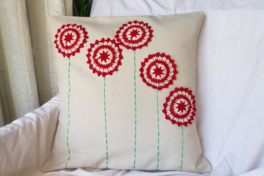 Red Flower Crochet Cushion