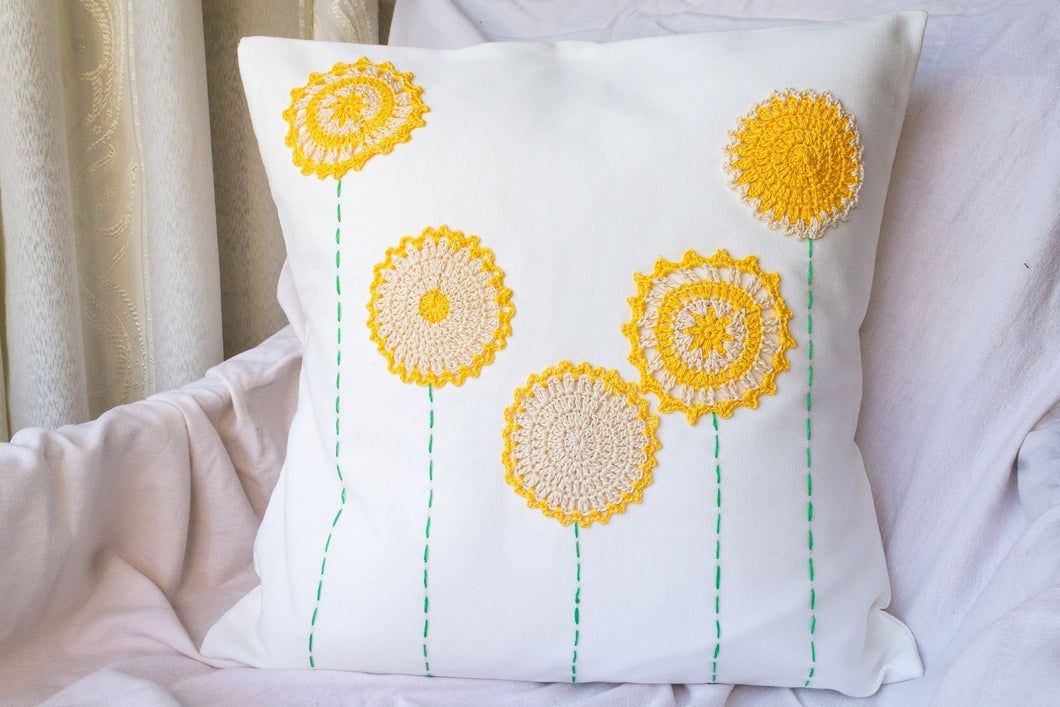 Yellow Crochet Flower Cushion