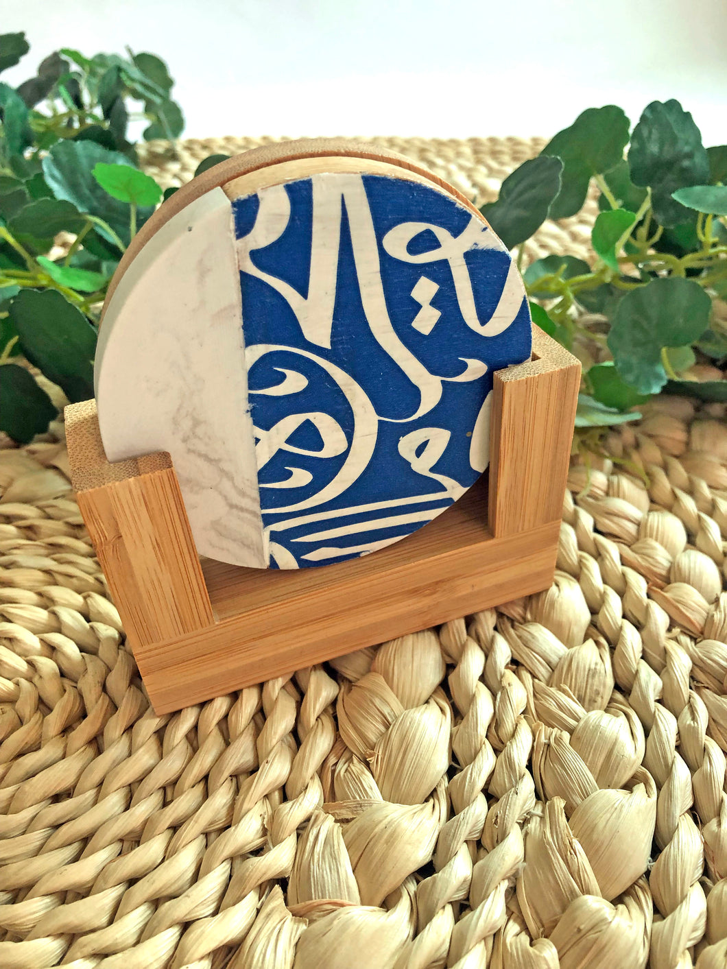 Blue Geometric Wooden Coaster Set - Set of 2 with Wooden Stand
