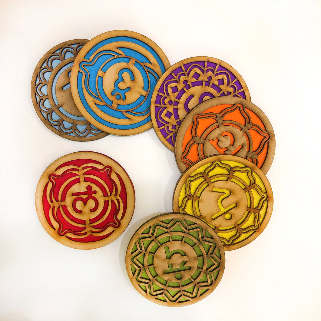 Chakra Engraved Wooden Coasters (Set of 7)