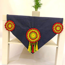 Load image into Gallery viewer, Handmade Crochet Dark Blue Table Runner with Colorful Tassels
